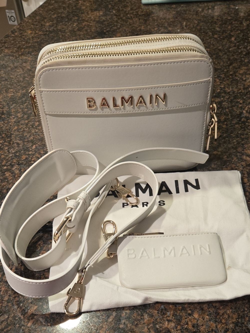 Balmain White Leather Crossbody with Gold Accents and Matching Coin Purse